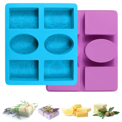 2 Piezas Molde para Jabón Y 6 Cavidades Con Flores, Moldes De Silicona Para Jabones, Moldes para Jabones, Molde De Jabón, Moldes Silicona Jabon De Rectángulo Y Óvalo para Hacer Jabón, Gelatina