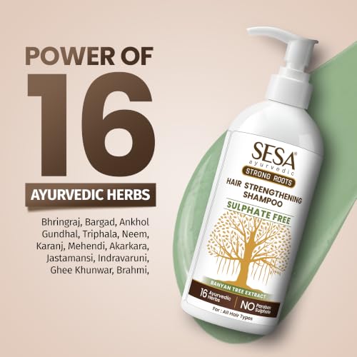 Image of Sesa Ayurvedic Strong Roots Hair Strengthening Shampoo, 300 ml With Banyan Tree Extract & 16 Ayurvedic Herbs | Sulphate & Paraben Free | For Weak, Dull, Breakage-Prone Hair | All Hair Types