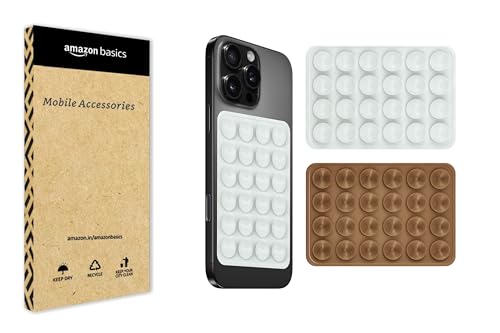 Image of amazon basics Suction Phone Case Anti-Slip Silicone Multipurpose Hands-Free Sticky Pads for Phone Case Mount for Selfies Videos Mirror Shower Car Dashboard - White&Brown (Pack of 2)