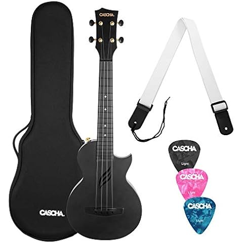 CASCHA Concert Ukulele Set Carbon Fiber - Carbon Ukulele Starter Kit with 3 Picks and Bag - Ukulele Set Fluorocarbon Strings - Small Hawaiian Guitar for Beginners and Advanced - Black Cover