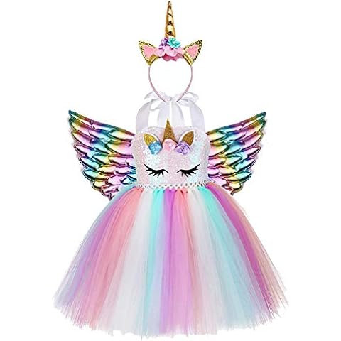 AJEUNGAIN Einhorn Kostüm Kinder Mädchen, Paillette Bunt Geburtstag Einhorn Kleid Mädchen Cover
