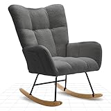 FLEXISPOT Rocking Chair with High Backrest & Armrests - Modern Swing Chair with Wooden Skids, Padded Recliner Chair for Living Room & Bedroom, Maximum Load 120 kg, Grey