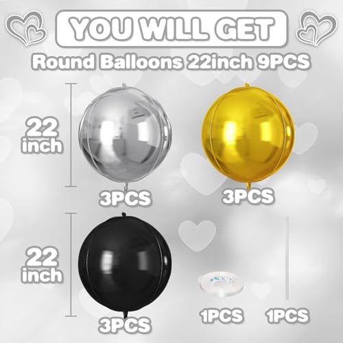Image of 9 Pcs Black Gold Silver Round Foil Balloons,22 Inch Round Balloons