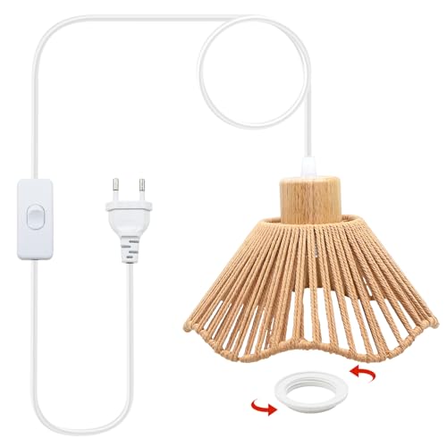 LAKONEI Lampada a Sospensione Vintage con Spina e Interruttore, Portalampada E27 con Cavo da 5M, Paralume in Spago Intrecciato a Mano Lampadario Rustico Bohémien (Lampadina Non Inclusa)
