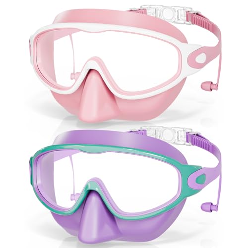 Aegend Swim Goggles with Nose Cover, 2 Pack Wide View Swimming Goggles for Kids 3-14 Anti-Fog/UV No Leak Swim Mask Boys Girls Youth Toddler by Aegend - Used condition - US$23.26