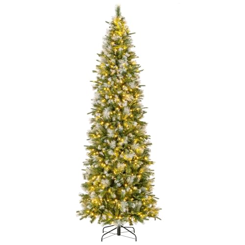 GOFLAME 9 FT Pre-Lit Pencil Christmas Tree Snow Flocked, Slim Artificial Xmas Tree with 1228 Branch...