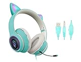 Cat Ear Gaming Headset with Mic RGB LED Light, VIGROS Flashing Glowing Stereo Headphones, 7.1 Stereo Sound Surround Over-Ear Headset for PC, PS4, PS5, Nintendo Switch,Mobile(Light Blue)
