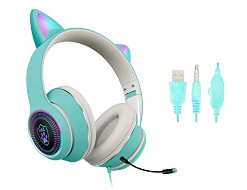 Cat Ear Gaming Headset with Mic RGB LED Light, VIGROS Flashing Glowing Stereo Headphones, 7.1 Stereo Sound Surround Over-Ear Headset for PC, Xbox One, PS4, PS5, Nintendo Switch,Moilbe (Light Blue)