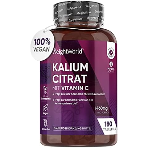 Kaliumcitrat 1380mg - 180 vegane Kalium Tabletten & 3 Monate Vorrat - Kalium trägt zu einem normalen Nervensystem & Blutdruck bei (EFSA) - Potassium Citrate mit 80mg Ascorbinsäure von WeightWorld Cover