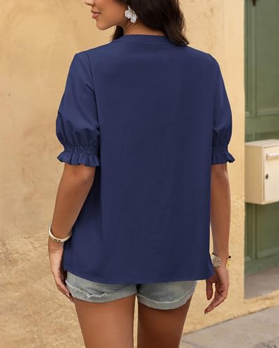 BTFBM Women's 2025 Summer Tops Casual Floral Boho V Neck Puff Short Sleeve Button Down Shirts Embroidered Blouses Tunic