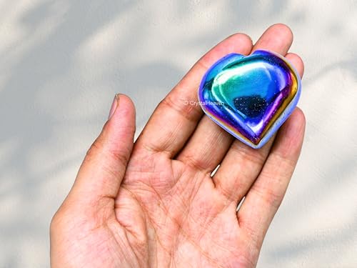 Image of Certified Titanium Aura Quartz Crystal Heart Palm Pebbles Stones for Anxiety Stress Relief Massage - AAA Grade Original Healing Gemstone Agate Heart Palm Stone for Yoga Meditation Spiritual