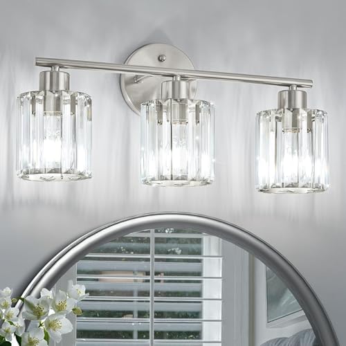Kvhiiw Crystal Bathroom Light Fixtures, Bathroom Lighting Fixtures Over Mirror, Modern 3-Light Brushed Nickel Vanity Lights for Mirror, Restroom, Kitchen(Ceramic E26 Socket,Bulbs Not Include)