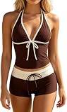 Tankini Donna Mare Costume Donna Due Pezzi Costume da Bagno Push Up Imbottito Canottiera Pantaloncino Pois con Scollo Tankini Set con Controllo della Pancia Scollo A V Swimwear (A03-Coffee, L)