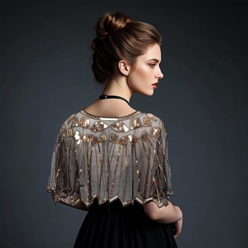 Women's 1920s Shawl Wrap Gloves Sequin Beaded Shawls Evening Cape Decor Flapper Cover Up Roaring 20s Accessories Set4