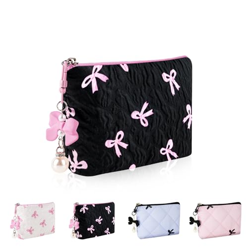 Playexen Quilted Mini Makeup Bag for Purse, Cute Bow Coin Purse, XS-Black