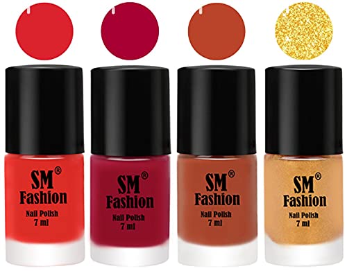 Image of Nail Polish Combo Set (Pack of 4) Quick Dry Gel Finish Nail Paint | Candy Orange,Dark Magenta,Light Coral,Light Golden | 7 ml Each