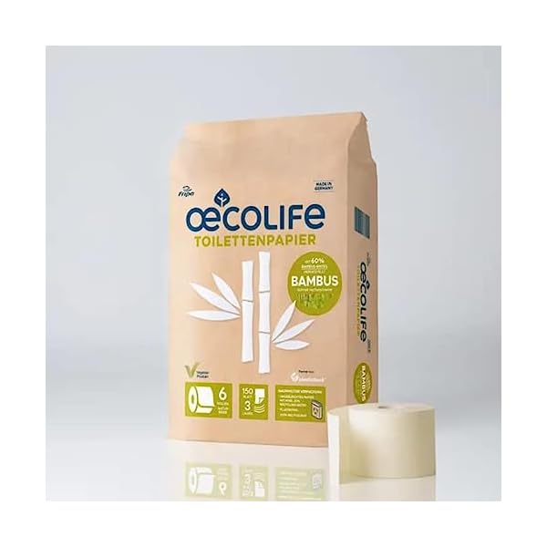 oecolife Toilettenpapier BAMBUS, 3-lagig, 6 Rollen á 150 Blatt, superweich, plastikfrei verpackt, vegan, nachhaltiges Klopapier