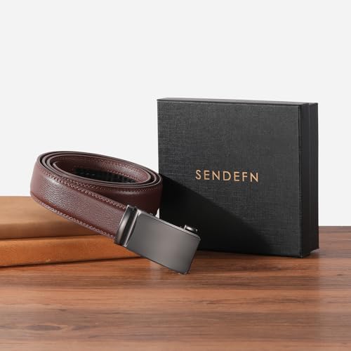 SENDEFN Men's Leather Belt Automatic Ratchet Buckle Slide Belt for Dress Casual Trim to Fit with Gift Box — view 4