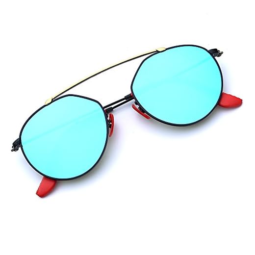 BNUS Italy made Fashion Round Style Corning Flat Lenses Blue mirrored Polarized Sunglasses for women (Frame: Black/Lens: Blue Flash, Polarized)