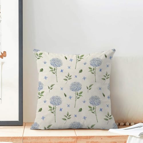 Image of AEIOAE Spring Pillow Covers 18x18 Inch Set of 2, Blue Green Hydrangea Flower Leaves Throw Pillows Case,Floral Summer Outdoor Seasonal Decorative Farmhouse Decor Cushion Covers for Home Sofa Bed Couch