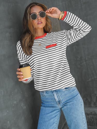 Image of LILLUSORY Womens Striped Soft Knit Pullover Sweater Loose Fit Shirts with Chest Pocket