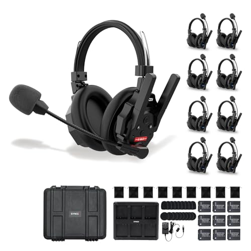 SYNCO XTALK XMAX9 Wireless Intercom Headset System, Dual Ear Communication Headsets with Noise Reduction 500m/1640ft for 9 Person Event TV Production Live, Xtalk-Xmax-Wireless-Headset-Interc