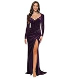RSOETOO Velvet Bridesmaid Dresses for Women Long Sleeves V Neck Mermaid Long Formal Party Dresses with Slit RON006 Plum 6