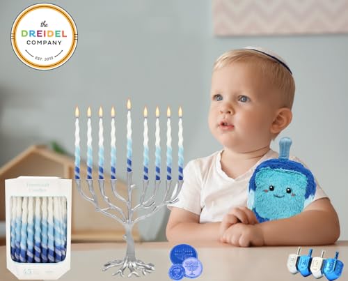 The Dreidel Company Deluxe Twisted Spiral 45 Blue & White Ombre Hanukkah Menorah Candles for All 8 Nights of Chanukah Burn Time 1-Hour