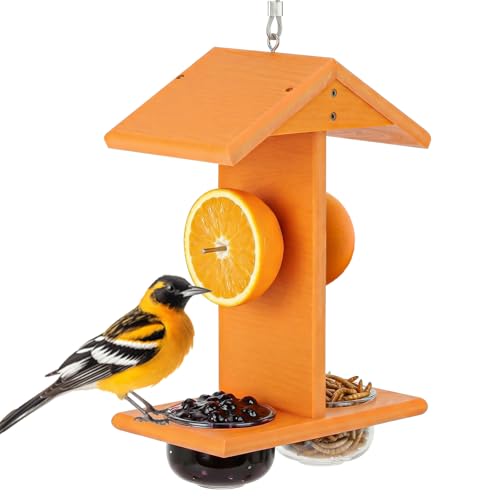 Gbekery Oriole Feeders for Outdoors Hanging All-in-One Recycled Plastic Oriole Feeder with Two Removable Glass Cups Jelly or Jam Fruit Nectar or Seed for Orioles Orange 1 Pack