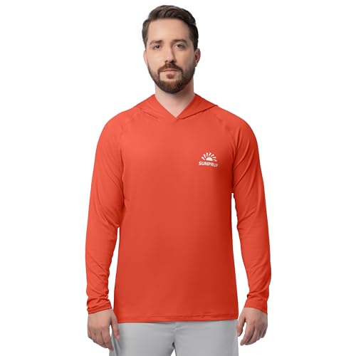 ColdPruf Men's Sunpruf Long Sleeve Performance Sun Protection UPF 30 Hooded Shirt, Fire Coral, Large