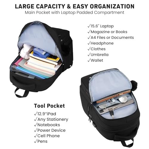 Image of YAMTION Black School Backpack Set for Women,High School Bookbag for Girls Middle School Bags for Kids with Charger Ports for College Work