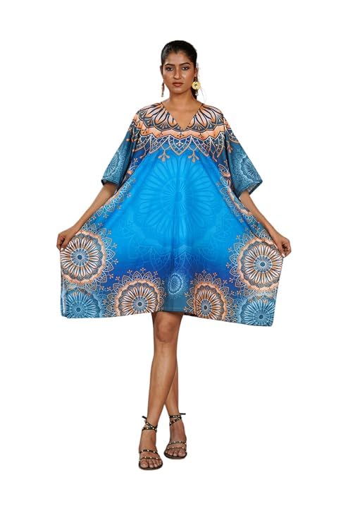 Women's Printed Kaftan Dress | Loose Fit Beach Cover Up | Batwing Sleeve Resort Wear | V Neck Knee Length Lounge Dress | Soft Lightweight Vacation Kaftan for Women Blue-picture-41