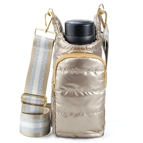 Image of KAMEILONG Puffer Water Bottle Holder Quilted Sports Pouch Bag with Adjustable Shoulder Strap Flask Sling Bag