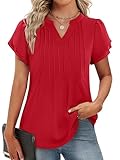 Funlingo Womens Tops Dressy Casual 2026 Short Petal Sleeve Tunic Blouses Spring V Neck Loose Flowy Dress Shirt Elegant Clothes Red 2XL