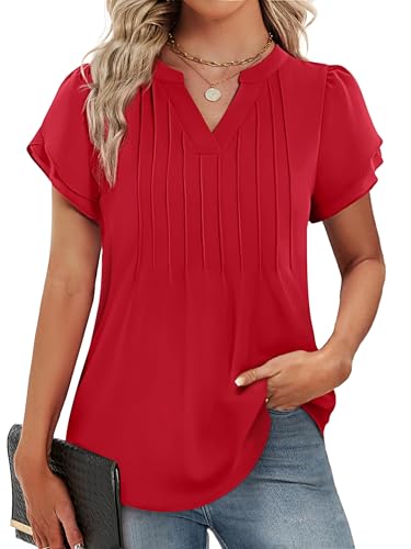 Funlingo Womens Tops Dressy Casual 2026 Short Petal Sleeve Tunic Blouses Spring V Neck Loose Flowy Dress Shirt Elegant Clothes Red 2XL