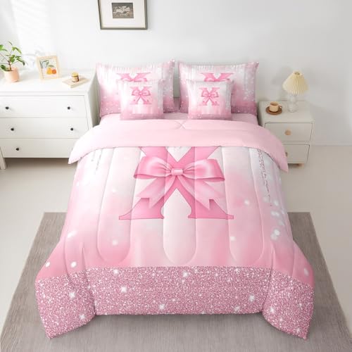 Image of Feelyou Boys Girls Pink Bowknot Bed in A Bag Queen Size, Personalized Initial X 7 Pieces Bedding Set Princess Glitter Comforter Set with Sheets Kids Bow Monogrammed Teens Bed Set Bedroom Decor 7Pcs