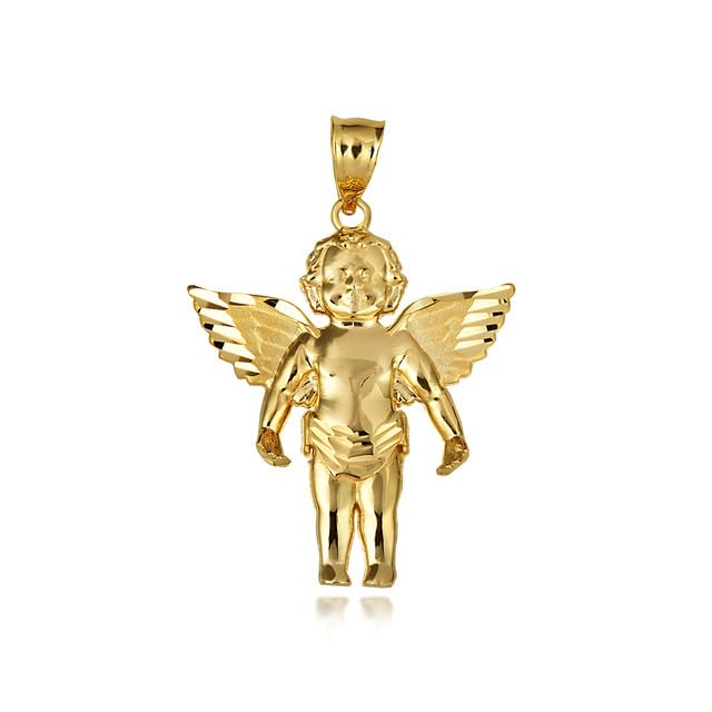 Collana con ciondolo grande a forma di ali di angelo e cherubino custode, in vero oro massiccio 14 kt