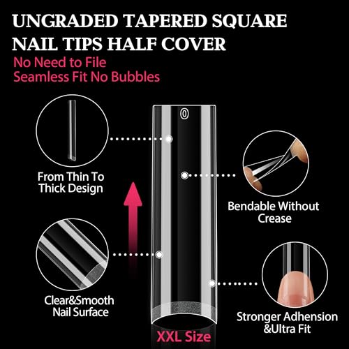 Image of UNA GELLA Tapered Square Nail Tips XXL 216 PCS No C Curve Nail Tips Extra Long Straight Nails Half Fake No Trace for Acrylic Tips for Home DIY with Box