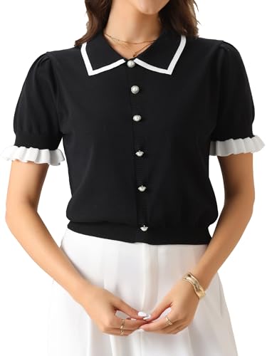 Allegra K Women Short Sleeve Sweater Tops Summer Elegant Collared Work Shirts