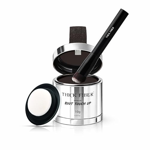 Image of THICK FIBER Root Touch Up (Large, 10g) & Hairline Powder - Covers Grey Roots & Thin Hair - Water & Sweat Resistant with Precise Brush - Hair Concealer for Roots, Bald Spots & Hair (Dark Brown)