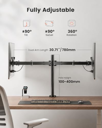 Image of STAR WORK Dual Black Arm Monitor Mount for 13-32 inch Screen, Heavy Duty Alloy Steel Stand, Full Motion 360 Rotate, Tilt & Swivel, Height Adjustable with Cable Clips (Dual Adjustable Black Monitor Arm)