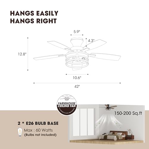 Image of 42 Inch Flush Mount Ceiling Fans with Lights and Remote Control, Farmhouse Ceiling Fan with LED Lighting for Bedroom Living Room and Patio, Black Caged Ceiling Fan for Indoor and Outdoor(NO Bulbs)