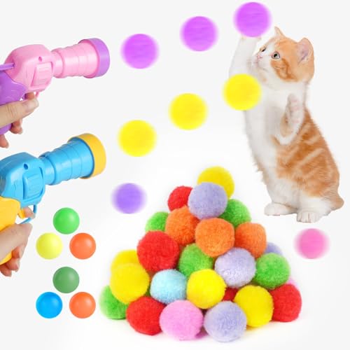 OSDUE Lanzador de Juguetes para Gatos,2 Pistolas de Juguete, Lanzador de Bolas de Juguete con 100 Pelotas Pompones para Gatos, Bolas de Peluche Silenciosas, Juguete Interactivo para Gato