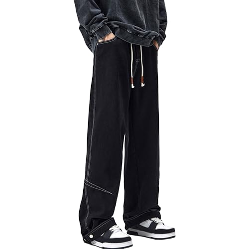 Men's Drawstring Elastic Waist Jeans Classic Baggy Relaxed Fit Denim Pants Hip Hop Straight-fit Loose Jean Pant