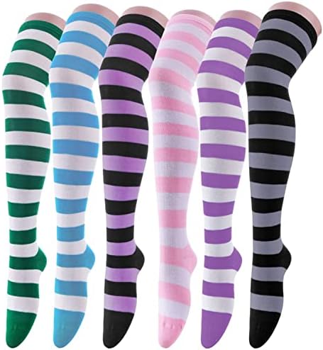 Women's Extra Long Opaque Striped Over Knee High Stockings Socks, 6 Pairs K, One Size