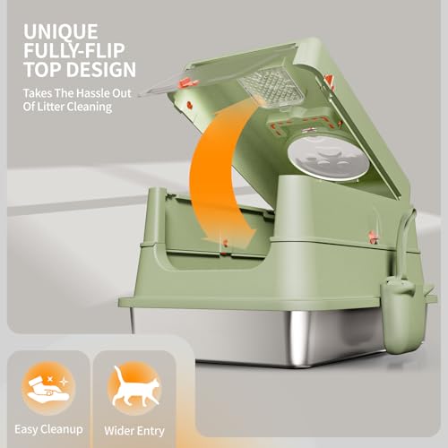 Image of Stainless Steel Cat Litter Box with Lid, Enclosed Extra Large Metal Litter Pan for Big Cats, Full Flip Cover High Sided LitterBox Include Scoop, Easy Cleaning, Non-Stick, Green