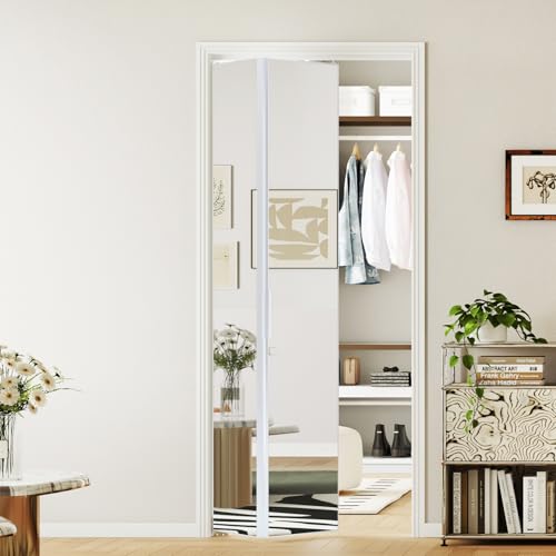 Image of Bifold Door for 36 inchx80 inch Opening, Preassembled Aluminum Alloy Mirrored Folding Door with Hardware Kit Included, Interior Bi fold Barn Door for Bedroom & Closet, White