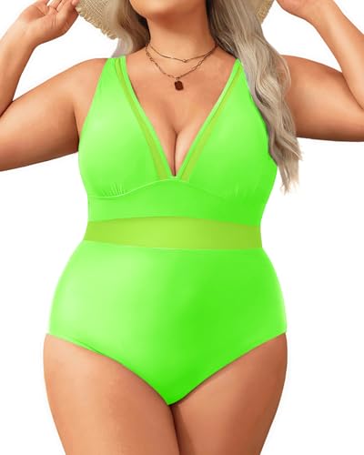 Image of Aqua Eve Womens Plus Size One Piece Swimsuit- Tummy Control Bathing Suit Full Coverage Swimwear Mesh-Neon Green 14W