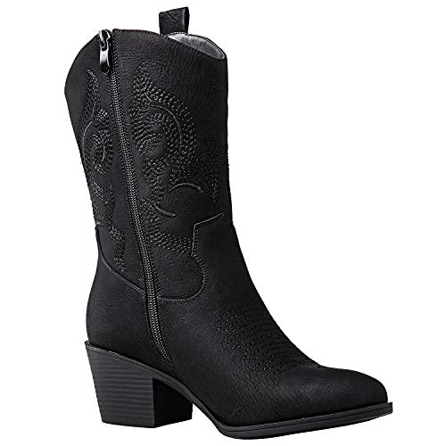 Image of GLOBALWIN Women's Mid Calf The Western Cowgirl Boots Fashion Cowboy Boots For Women Chunky Low Heel
