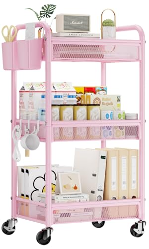 YASONIC 3 Tier Rolling Cart – Metal Utility Storage Cart with Wheels, Craft Cart Organizer with Hanging Cups, Hooks, Mesh Basket for Bedside Kitchen Office Art, Pink